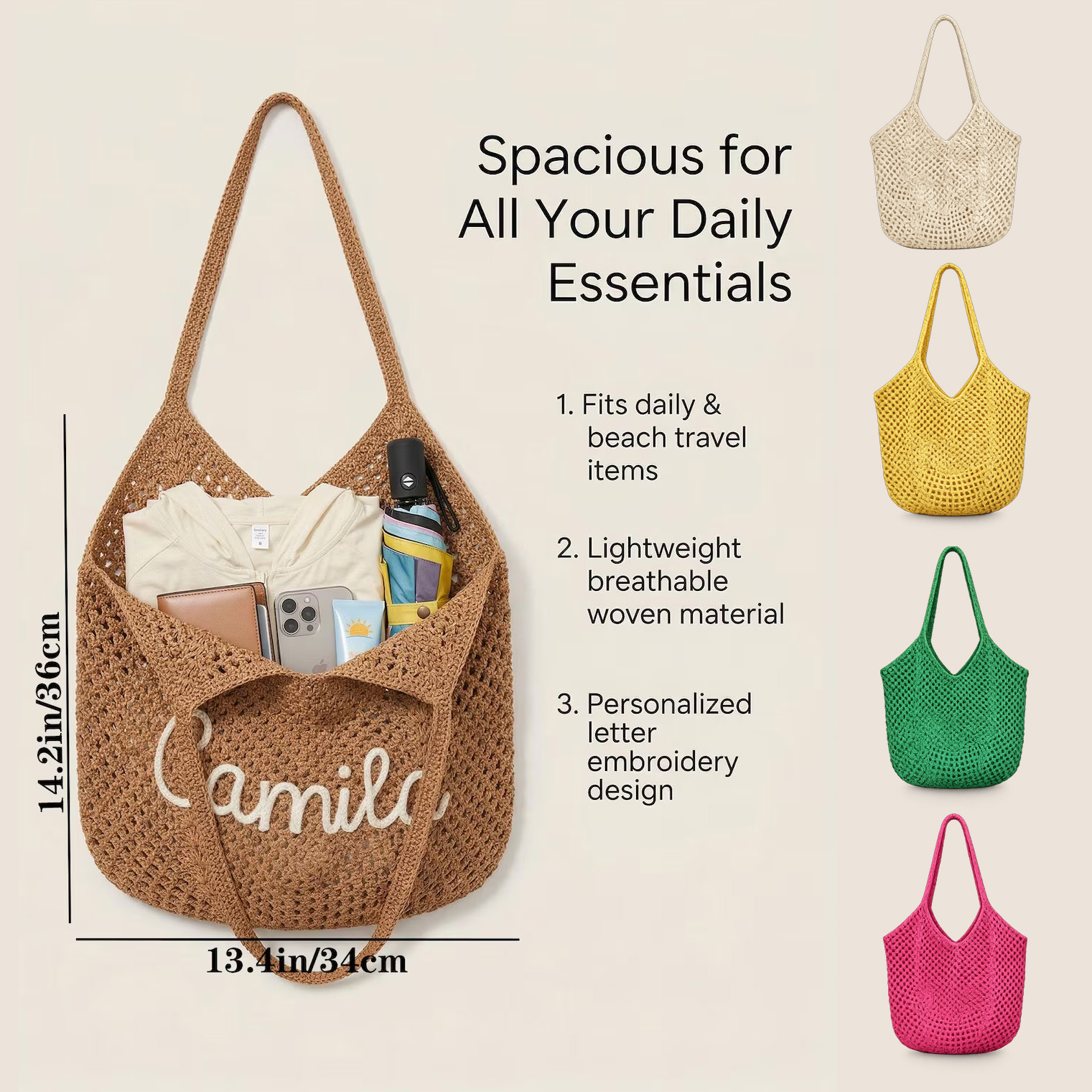 Custom Beach Bags, Personalized Crocheted Bride Tote Beach bags, Beach Vacation Wedding Favours, Mothers Day Gifts, Bridesmaid Gifts