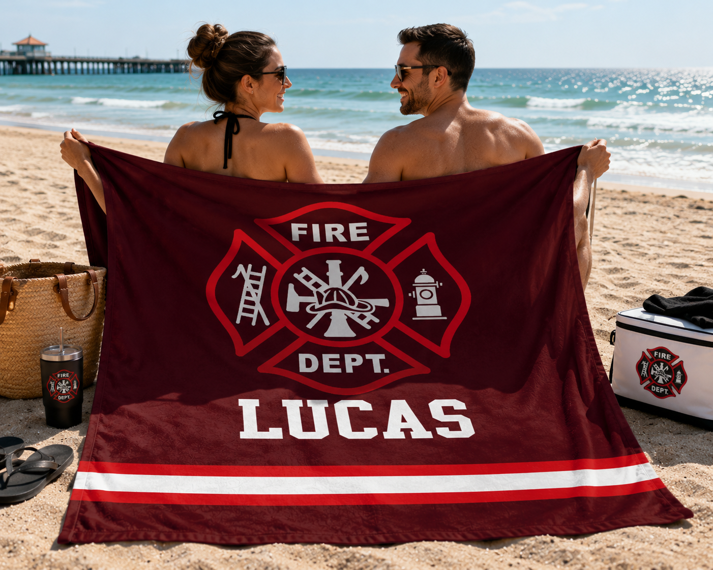 Personalized Firefighting Element Oversized Quick Dry Beach Towel with Name Beach Travel Essentials Father's Day Birthday Gift for Firefighter Dad