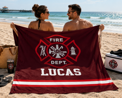 Personalized Firefighting Element Oversized Quick Dry Beach Towel with Name Beach Travel Essentials Father's Day Birthday Gift for Firefighter Dad