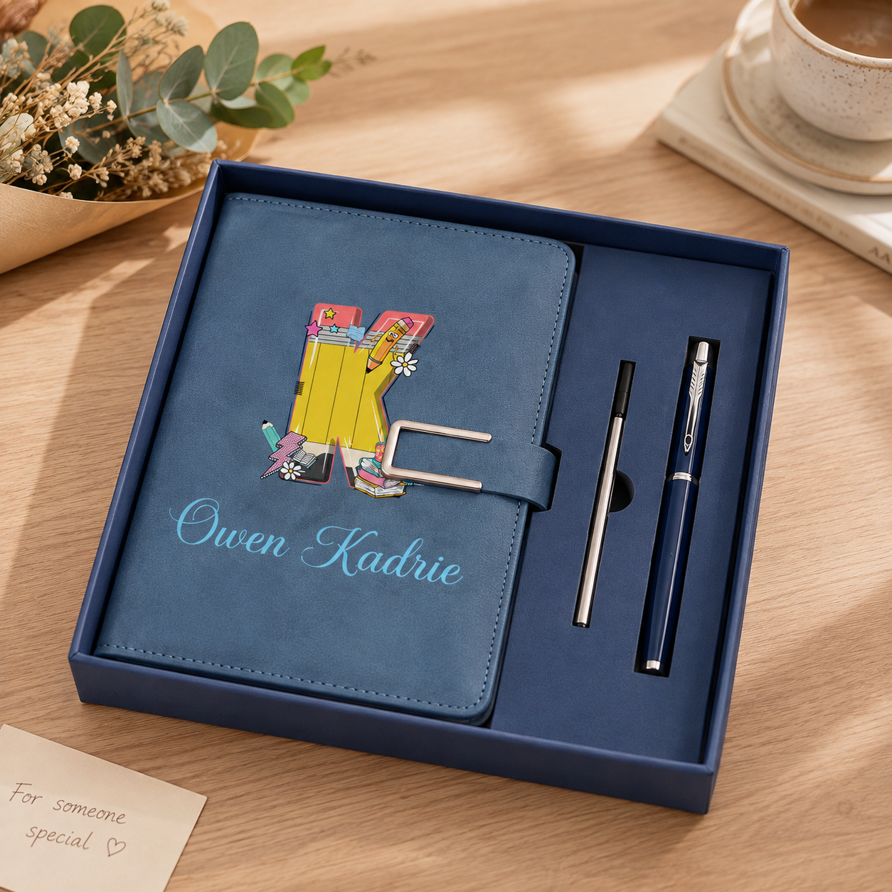 Personalized Yellow Pencil Initial PU Leather A5 Notebook and Pen Set with Name Back to School Teacher's Day Gift for Teacher