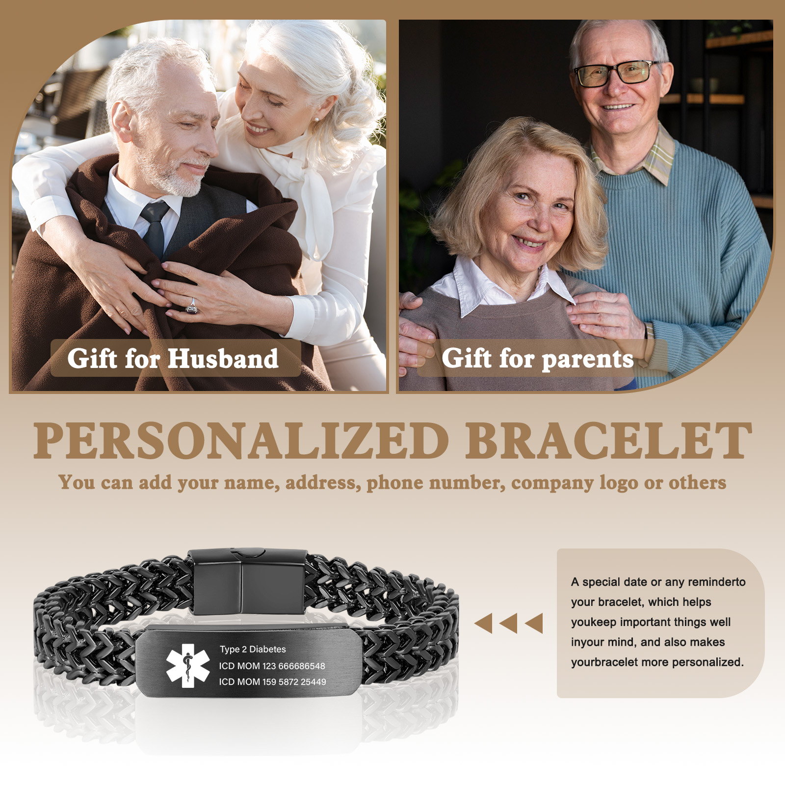 Personalized Medical Alert Bracelet for Men & Women, Custom 8.6" Engraving ID Bracelets Gifts for Grandparents Husband Dad, Customized Stainless Steel Emergency ID Wristband