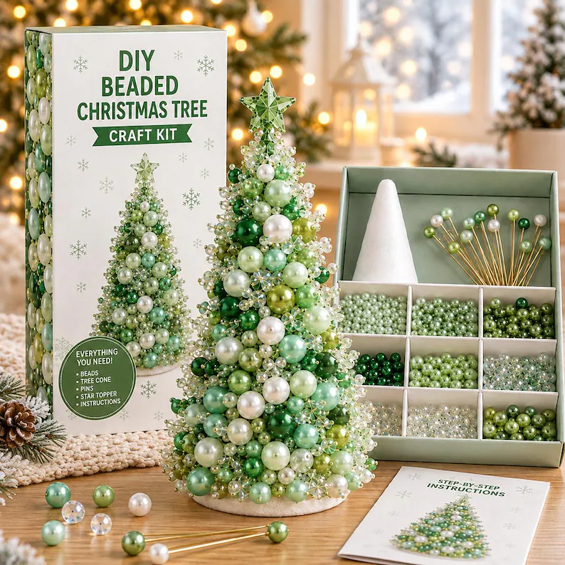 DIY Beaded Christmas Tree Craft Kit, Green Pearl Holiday Decor (Material Kit)