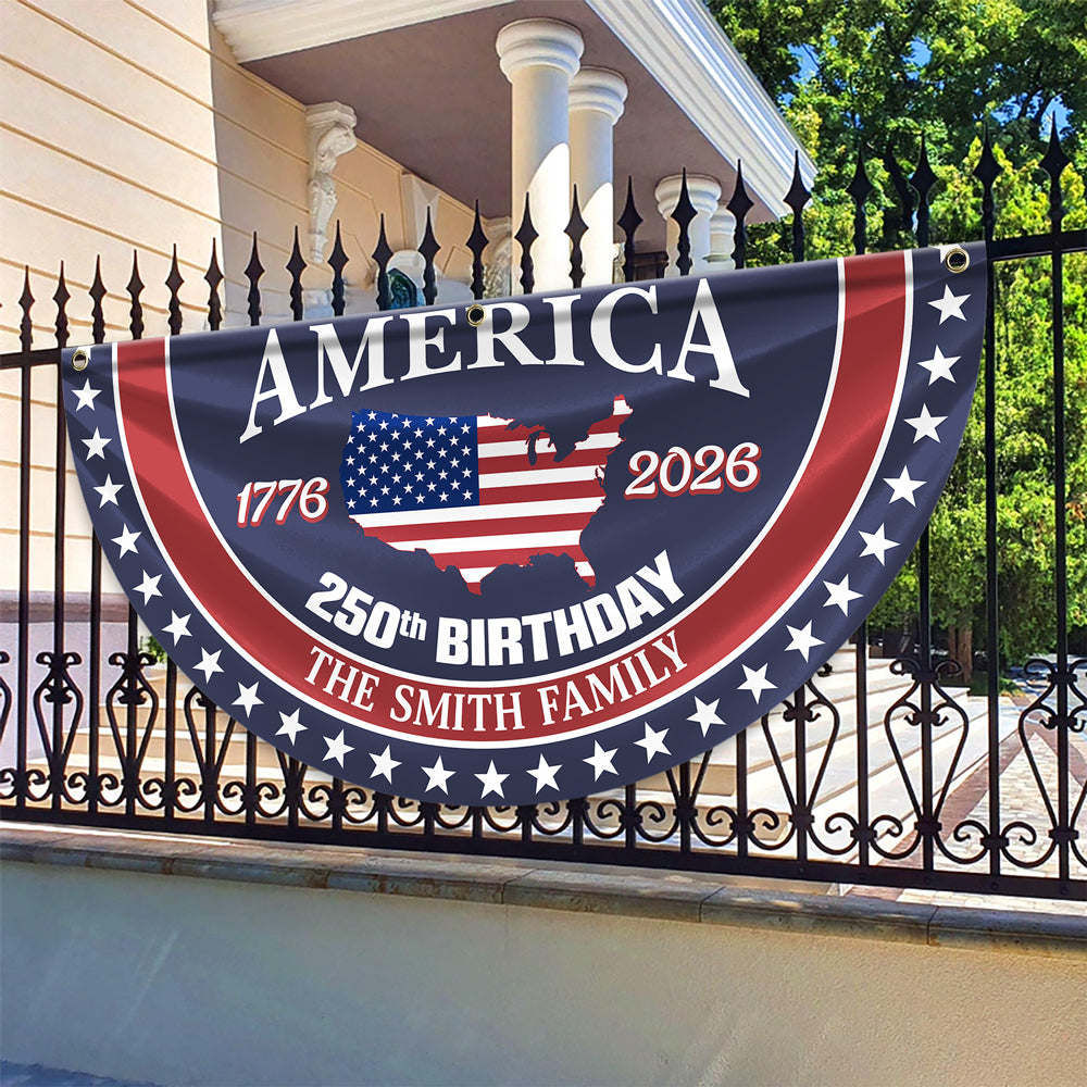 Personalized America 250th Anniversary Bunting Flag Custom Family Name America 250 Birthday 1776-2026 Non-Pleated Fan Flag