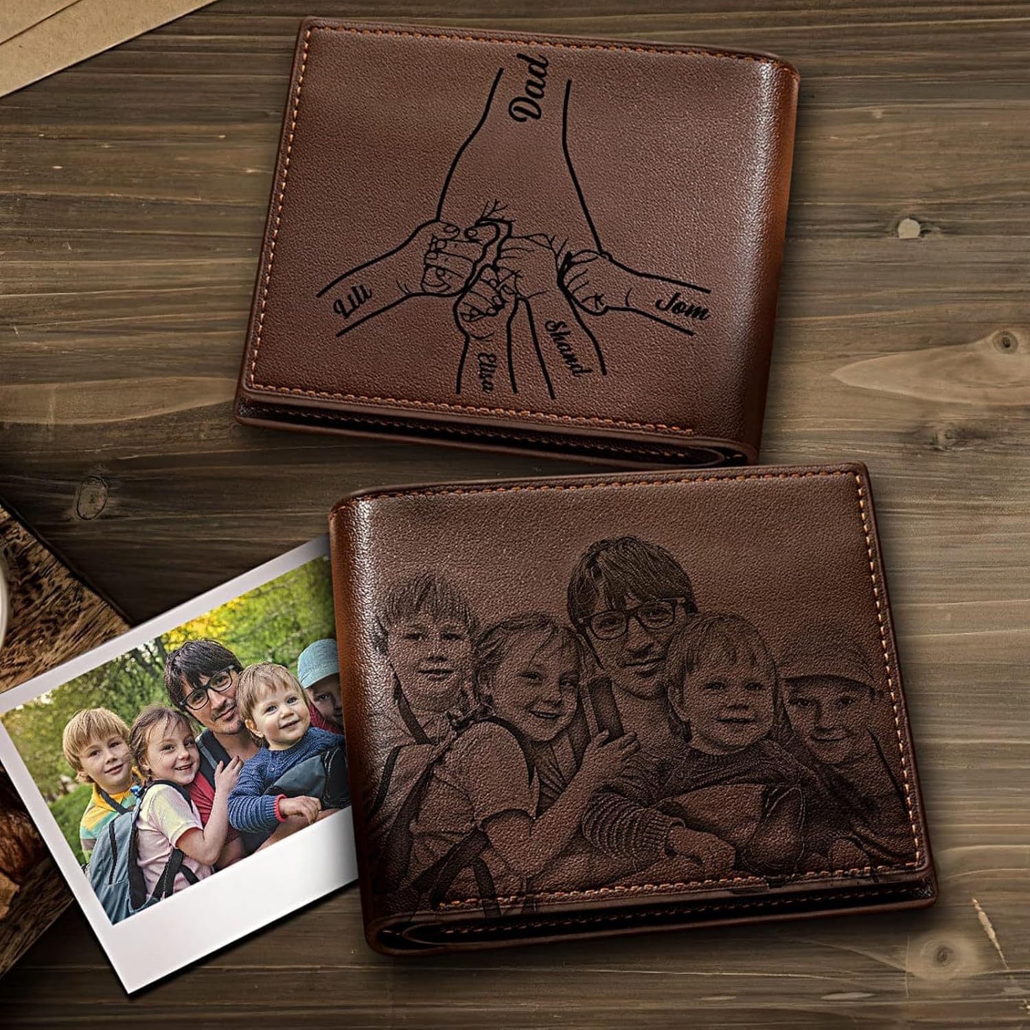 Custom Wallets for Men, Personalized Photo & Name Wallet for Men One Fist Bump Engraved Leather Wallet for Dad Husband Son BF Groomsmen Birthday Anniversary Christmas Father's Day Gifts