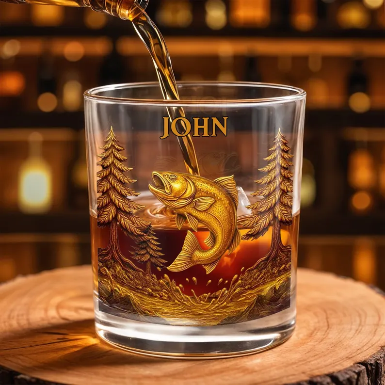 Custom Bass Fishing Whiskey Glass 2D Flat, Personalized Angler Bourbon Tumbler, Fisherman Gift for Men Dad Grandpa with Name