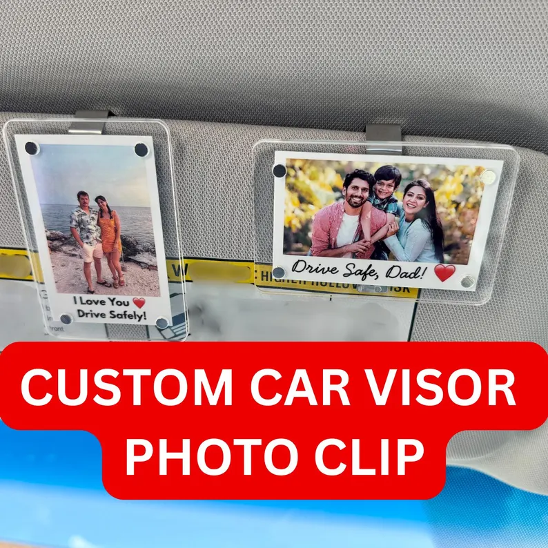 Custom Car Visor Photo Clip | Sleek Personalized Acrylic Sun Visor Decor Gift | Pet, Family, Photo Clip for Car Interior, Dad, Mom