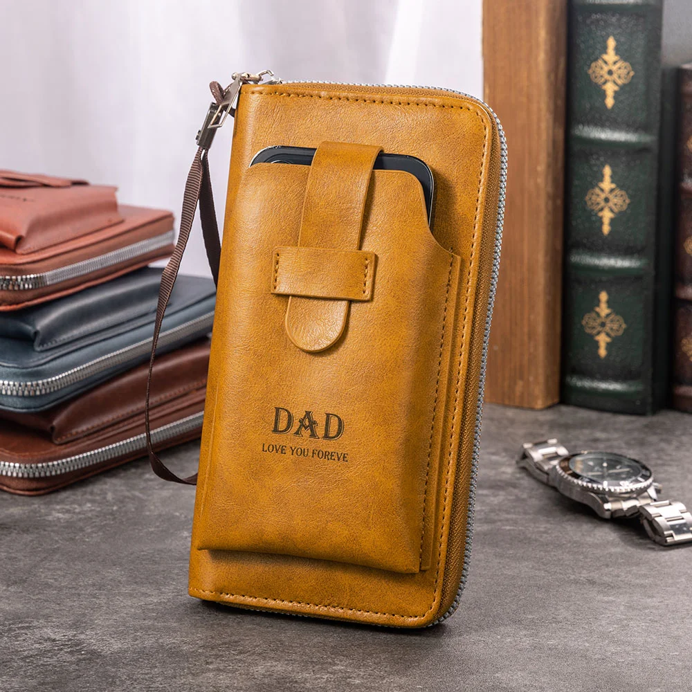 Personalized Engraved Text Portable Leather Zippered Man's Wallet with Wrist Strap and Phone Pocket Birthday Father's Day Anniversary Gift for Men