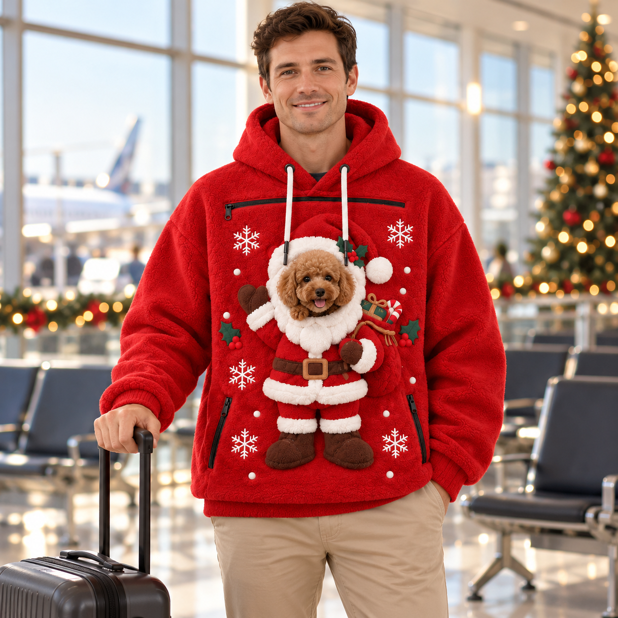 Christmas Pet Carrier Hoodie, Santa Dog Holder Sweatshirt, Puppy Pouch Pocket, Holiday Animal Gift Festival Apparel