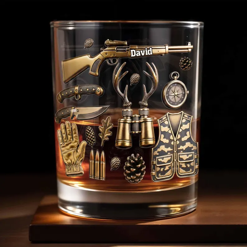 Custom Deer Hunter Whiskey Glass 2D Flat, Personalized Hunting Bourbon Tumbler, Outdoorsman Gift for Men Dad Grandpa with Name