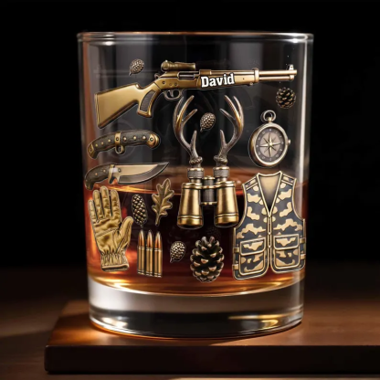 Custom Deer Hunter Whiskey Glass 2D Flat, Personalized Hunting Bourbon Tumbler, Outdoorsman Gift for Men Dad Grandpa with Name
