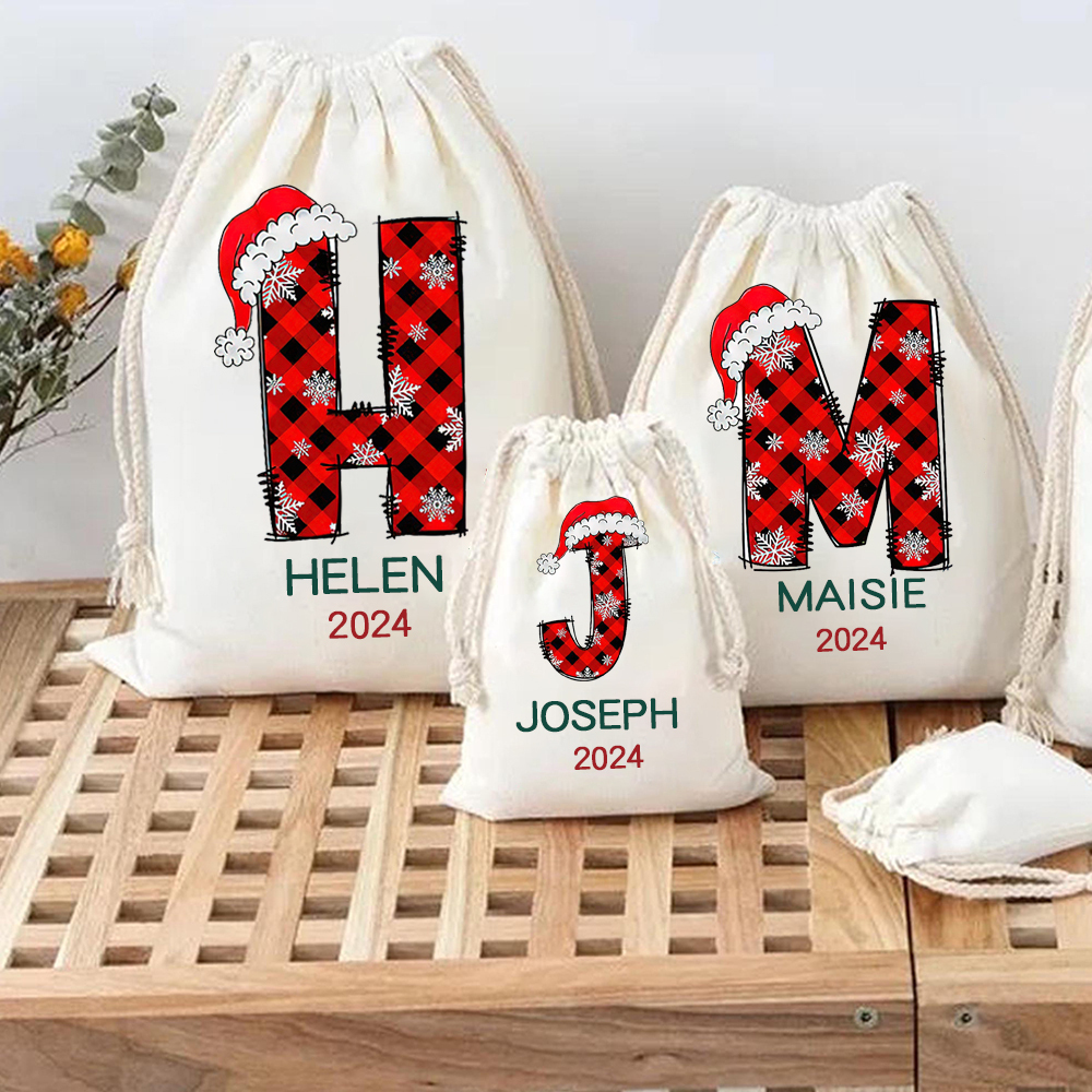 Personalized Christmas Santa Sack, Custom Name & Initial Gift Bag, Reusable Cotton Present Sack for Kids & Adults