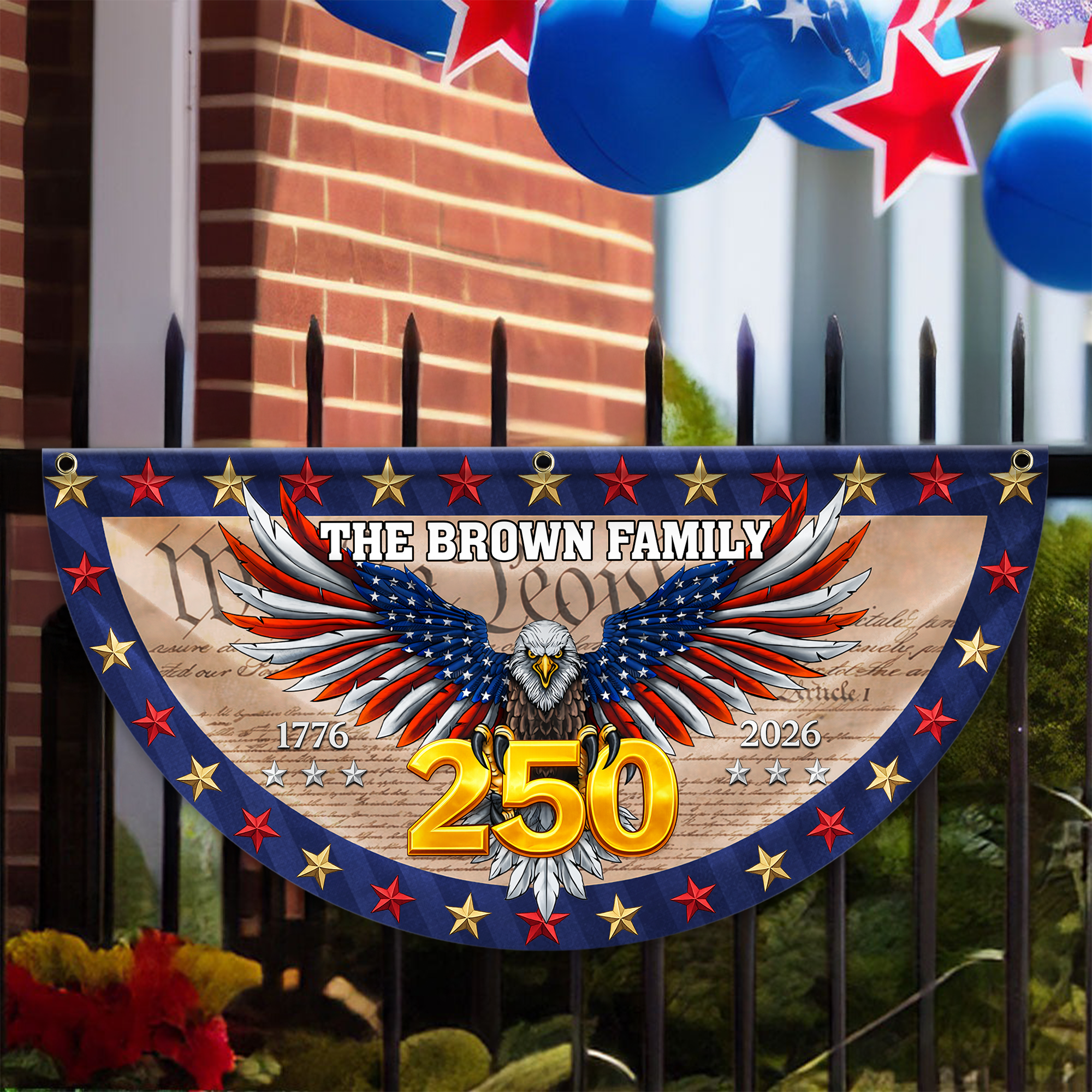 Personalized America 250th Anniversary Bunting Flag Custom Family Name American Flag - We The People Patriotic Eagle Non-Pleated Fan Flag