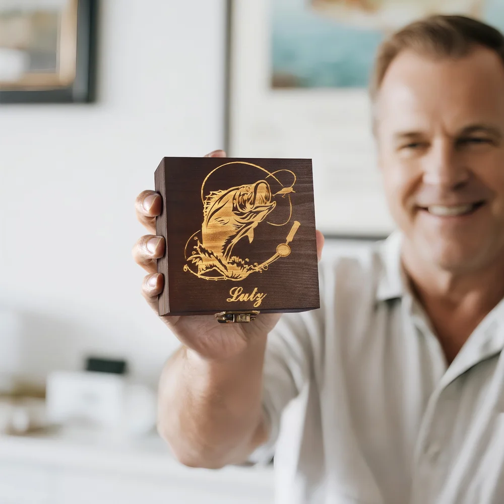 Personalized 2 Pcs Metal Bionic Fishing Lures Wooden Box Set with Engraved Text Birthday Fisherman Gift for Dad Husband