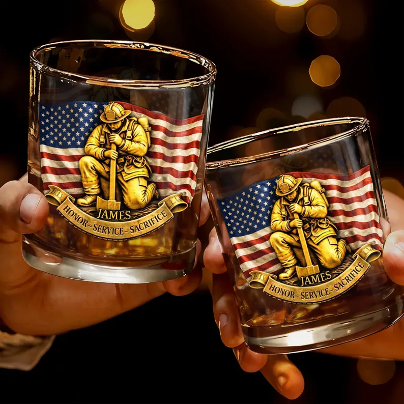 Personalized Firefighter Whiskey Glass 2D Flat, Custom Name Fireman Bourbon Tumbler, Firefighter Gift for Men, Retirement Gift