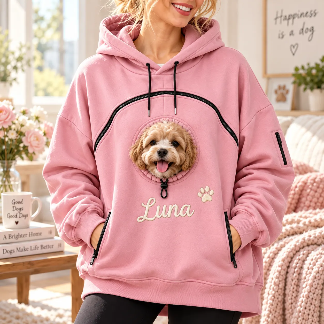 Pet Pouch Hoodie with Zippered, Customize Pet Name for Dog & Cat (Black)