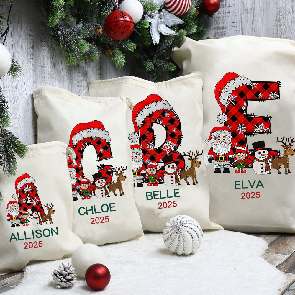 Personalized Christmas Santa Sack with Name & Initial, Custom Gift Bag with Santa Reindeer Snowman, Holiday Present Bag for Kids & Family