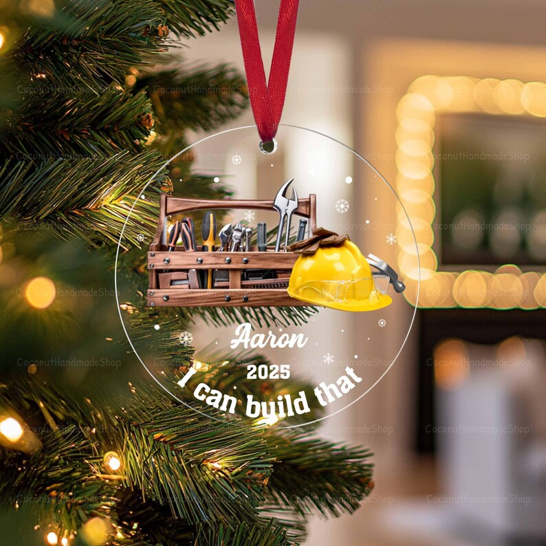 Carpenter Acrylic Ornament, Personalized Carpenter Gift, Construction Ornament, Handyman Gift, Mr Fix it Ornament, Tool Box Woodworker