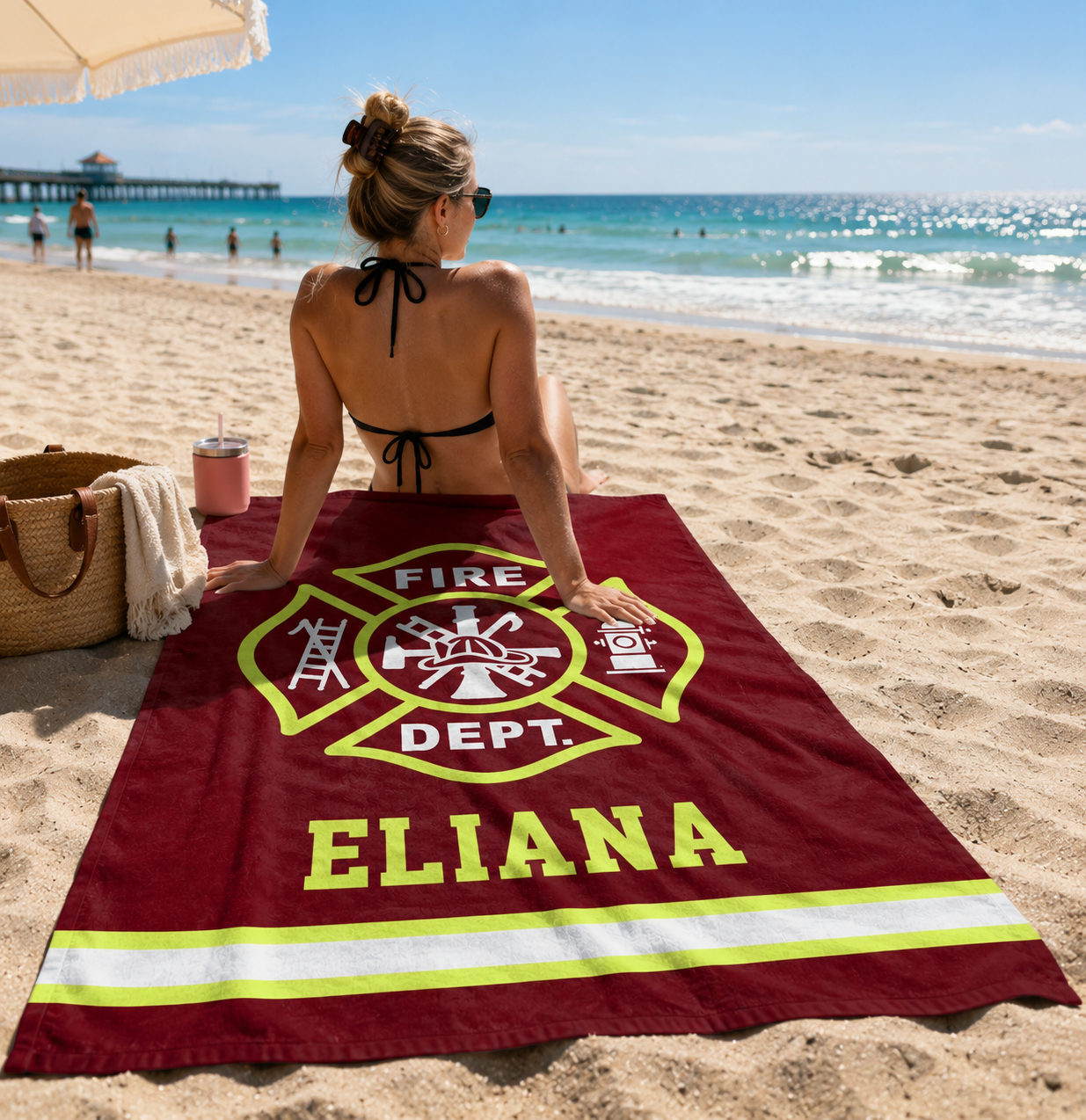 Personalized Firefighting Element Oversized Quick Dry Beach Towel with Name Beach Travel Essentials Father's Day Birthday Gift for Firefighter Dad