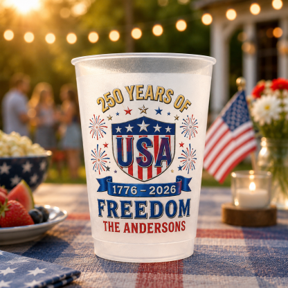 Custom Patriotic USA Party Cups, Personalized Stars and Stripes Frosted Cups for 4th of July Celebration