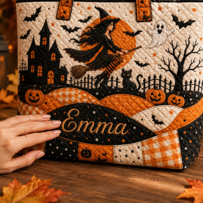 Personalized Halloween Quilted Handbag, Custom Name Witch Tote Bag, Haunted House Pumpkin Bag, Spooky Fall Shoulder Bag, Halloween Gift