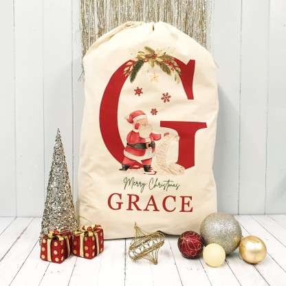Personalized Christmas Santa Sack with Name & Initial, Custom Santa Gift Bag with Santa Claus Design, Holiday Present Sack