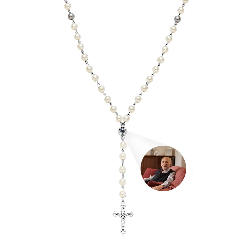 Personalized Photo Projection Multi-Color Rosary Beads Cross Necklace with Photo Memorial Gift for Women