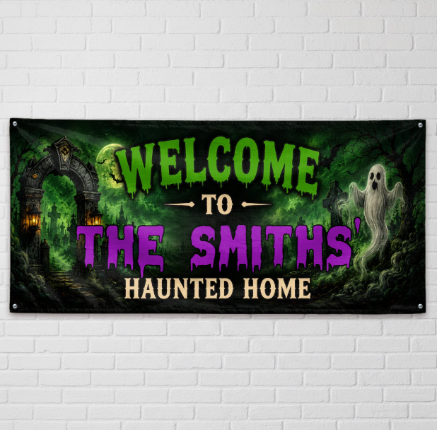 Custom Haunted Home Outdoor Banner - Personalized Halloween Decor Gifts For Mom, Dad, Brother, Sister - Creep It Real This Halloween