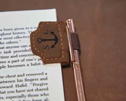 Custom Logo Leather Book Mark with Pen Holder, Engraved Magnetic Bookmark,Leather Magnetic Pen Loop for Notebook,Journal Accessory