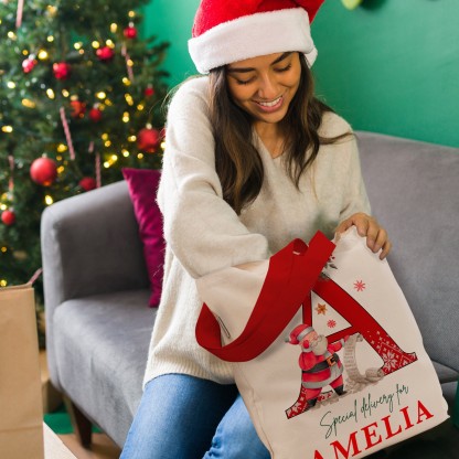 Personalized Initial Christmas Canvas Gift Bag, Custom Santa Sack 13"x16" for Holiday Presents