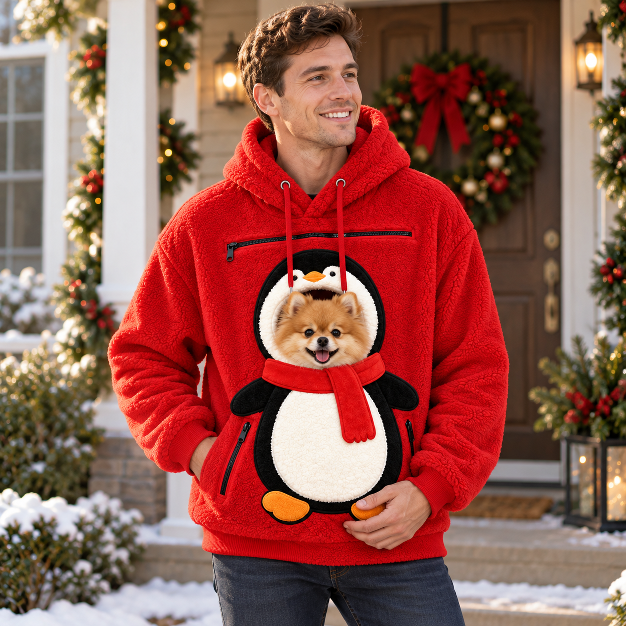 Christmas Pet Carrier Hoodie, Santa Dog Holder Sweatshirt, Puppy Pouch Pocket, Holiday Animal Gift Festival Apparel