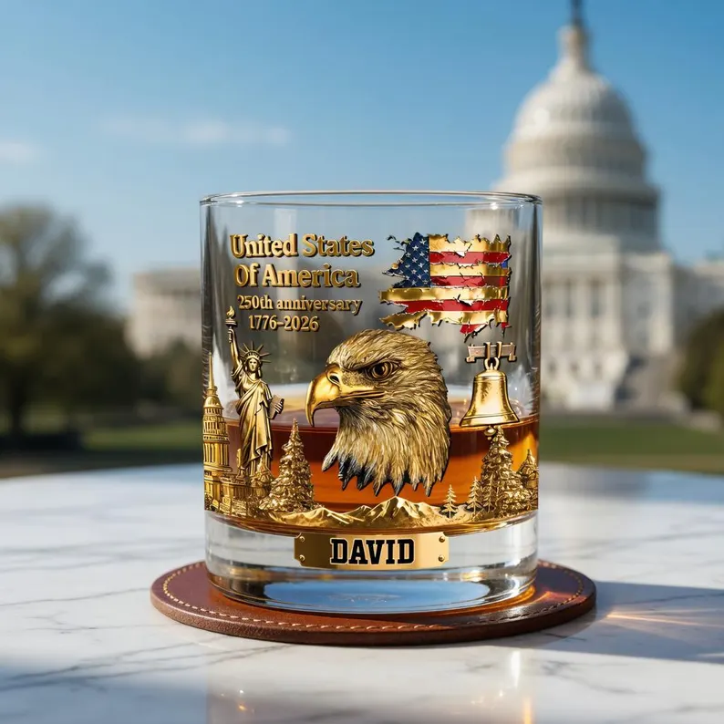 250th USA Anniversary Whiskey Glass, Patriotic Cup Gift For Him, Custom Name, 4th of July Whiskey Mug, Gift For Men