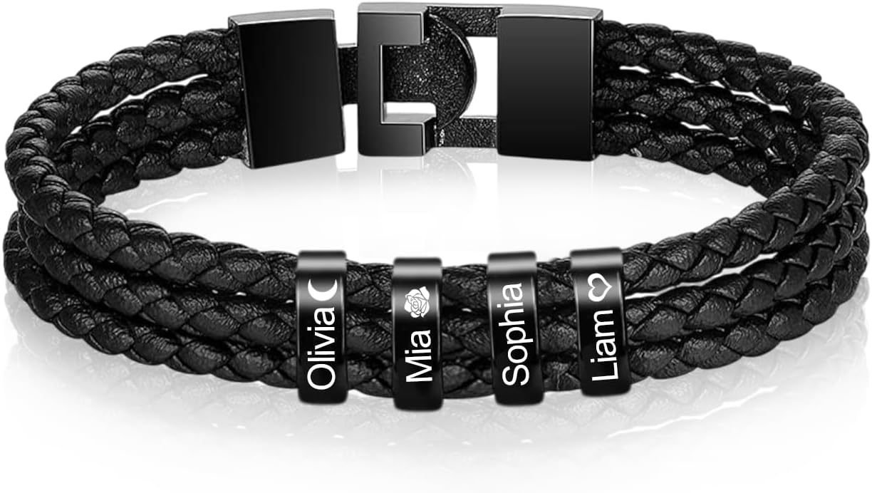 Personalized Mens Leather Bracelet with Custom Beads | Custom Father's Day Gifts for Dad from Daughter and Son | Customized Braid Leather Bracelet Engraved with 1-8 Names for Men