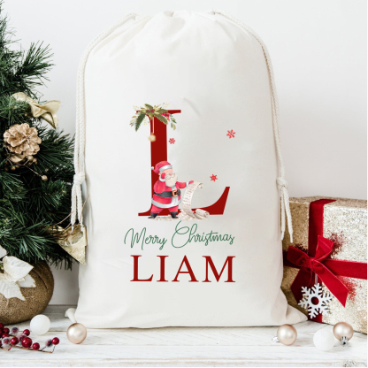 Personalized Christmas Santa Sack with Name & Initial, Custom Cotton Gift Bag with Santa Claus, Holiday Gift Sack