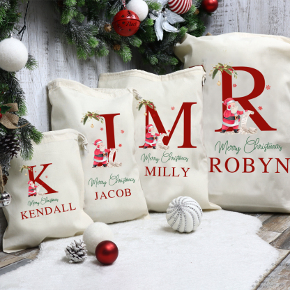 Personalized Christmas Santa Sack with Name & Initial, Custom Cotton Gift Bag with Santa Claus, Holiday Gift Sack