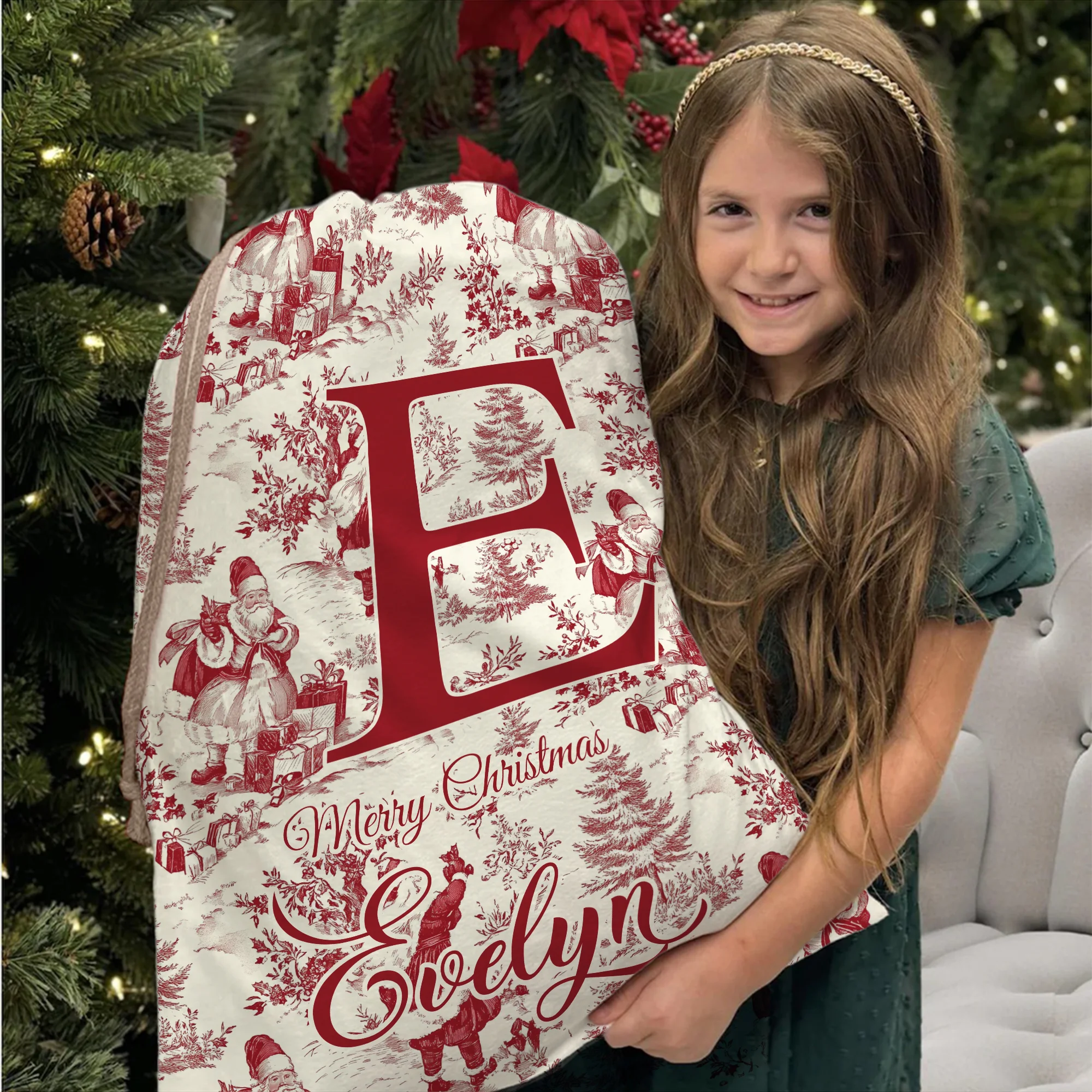 Personalized Vintage Toile De Jouy Santa Claus Initial Canvas Drawstring Gift Bag with Name Christmas Gift for Family Friends