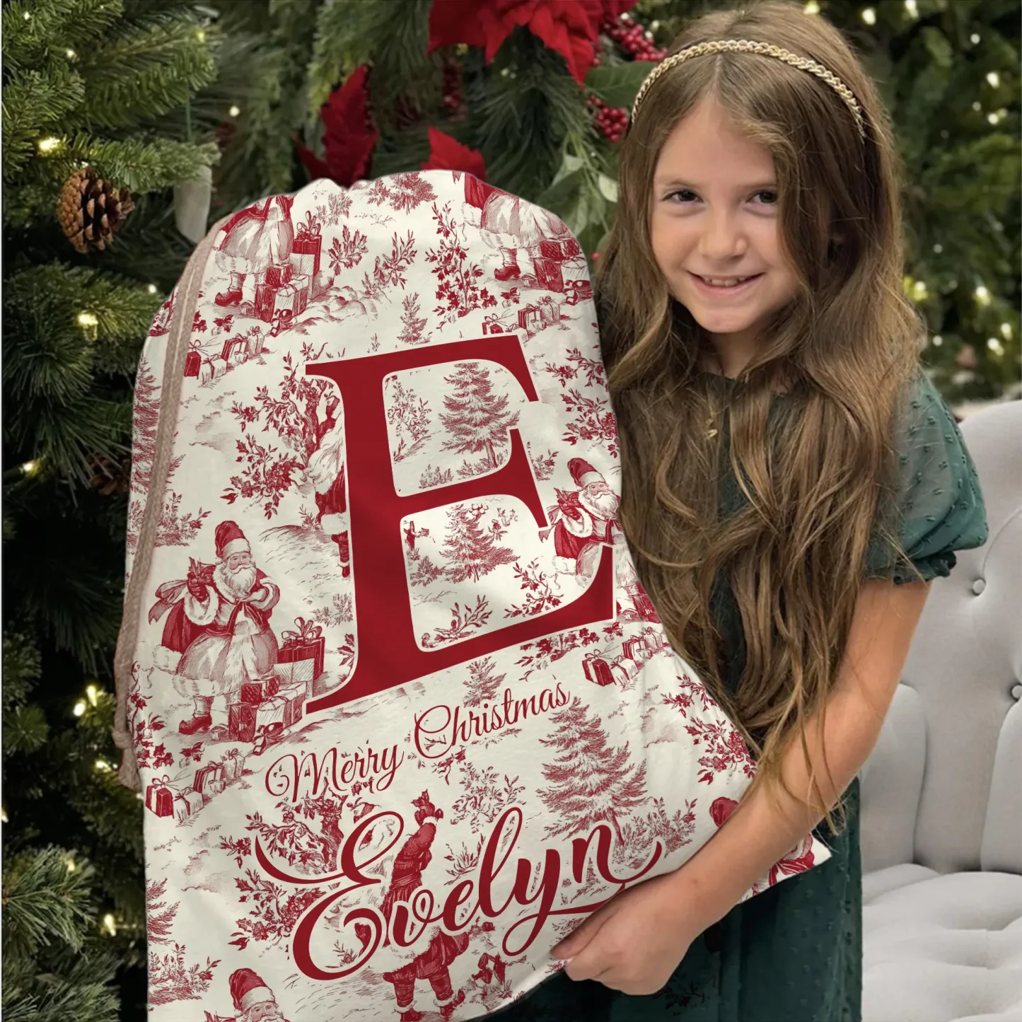 Personalized Vintage Toile De Jouy Santa Claus Initial Canvas Drawstring Gift Bag with Name Christmas Gift for Family Friends