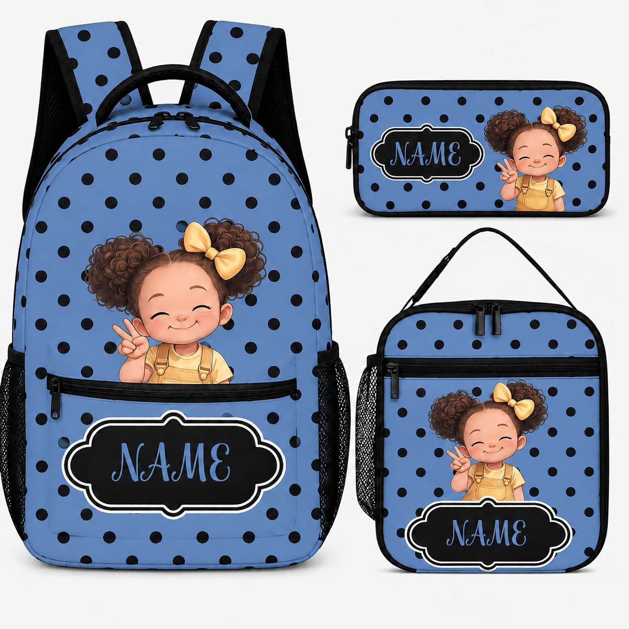 Personalized Cute Cartoon Black Girl Backpack Lunch Bag Pencil Case Set with Name Back-To-School Birthday Gift for Girls