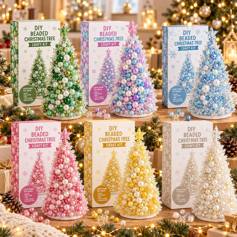 DIY Beaded Christmas Tree Craft Kit, Green Pearl Holiday Decor (Material Kit)