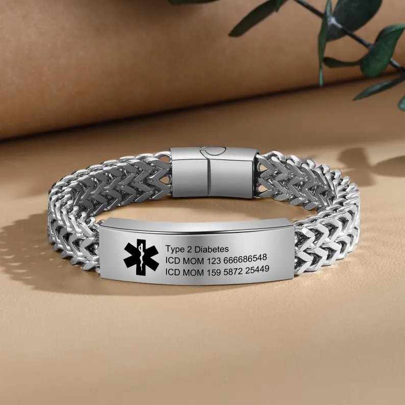 Personalized Medical Alert Bracelet for Men & Women, Custom 8.6" Engraving ID Bracelets Gifts for Grandparents Husband Dad, Customized Stainless Steel Emergency ID Wristband