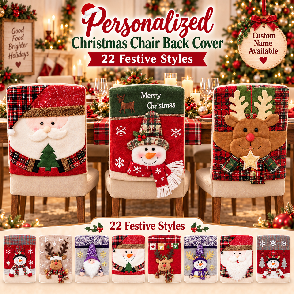 Personalized Christmas Chair Back Cover, Custom Name Santa Hat Slipcover, Gingerbread Gnome Chair Decor, Holiday Gift for Family