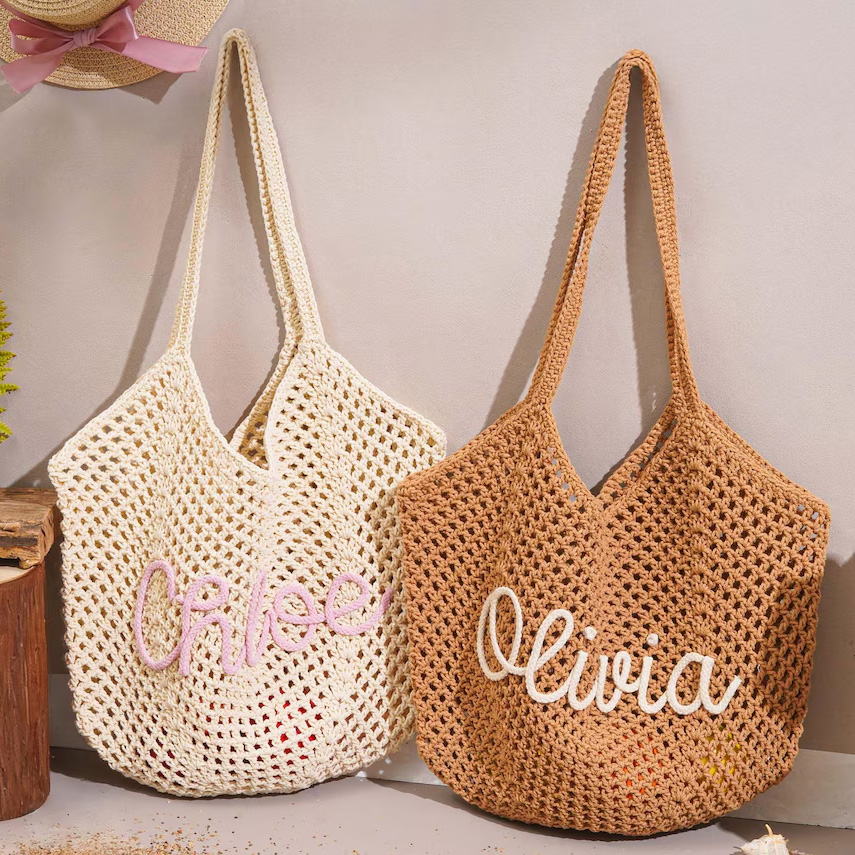 Custom Beach Bags, Personalized Crocheted Bride Tote Beach bags, Beach Vacation Wedding Favours, Mothers Day Gifts, Bridesmaid Gifts