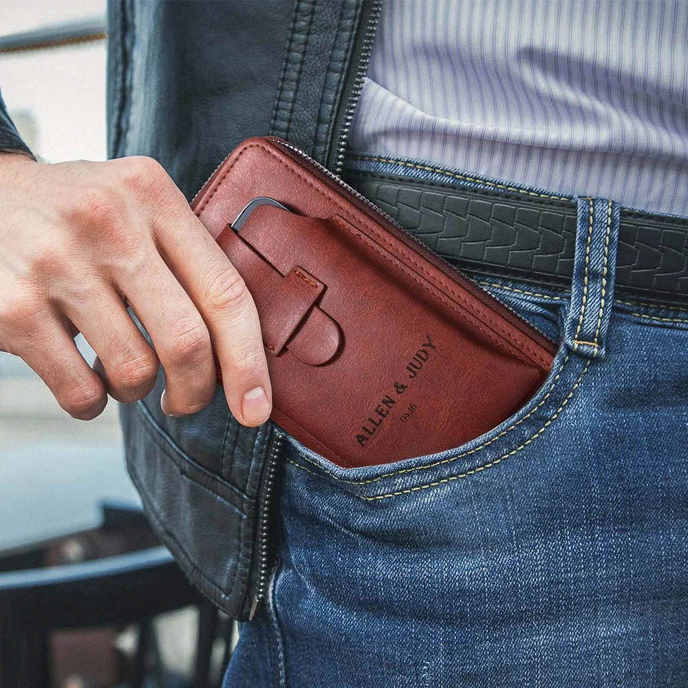 Personalized Engraved Text Portable Leather Zippered Man's Wallet with Wrist Strap and Phone Pocket Birthday Father's Day Anniversary Gift for Men