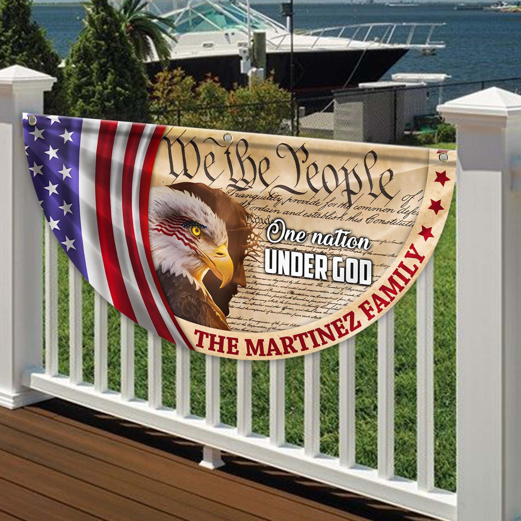 Personalized 250 Years of Freedom America Flag Personalized America 250th Anniversary Bunting Flag Personalized We The People, One Nation Under God, American Eagle Jesus Non-Pleated Fan Flag