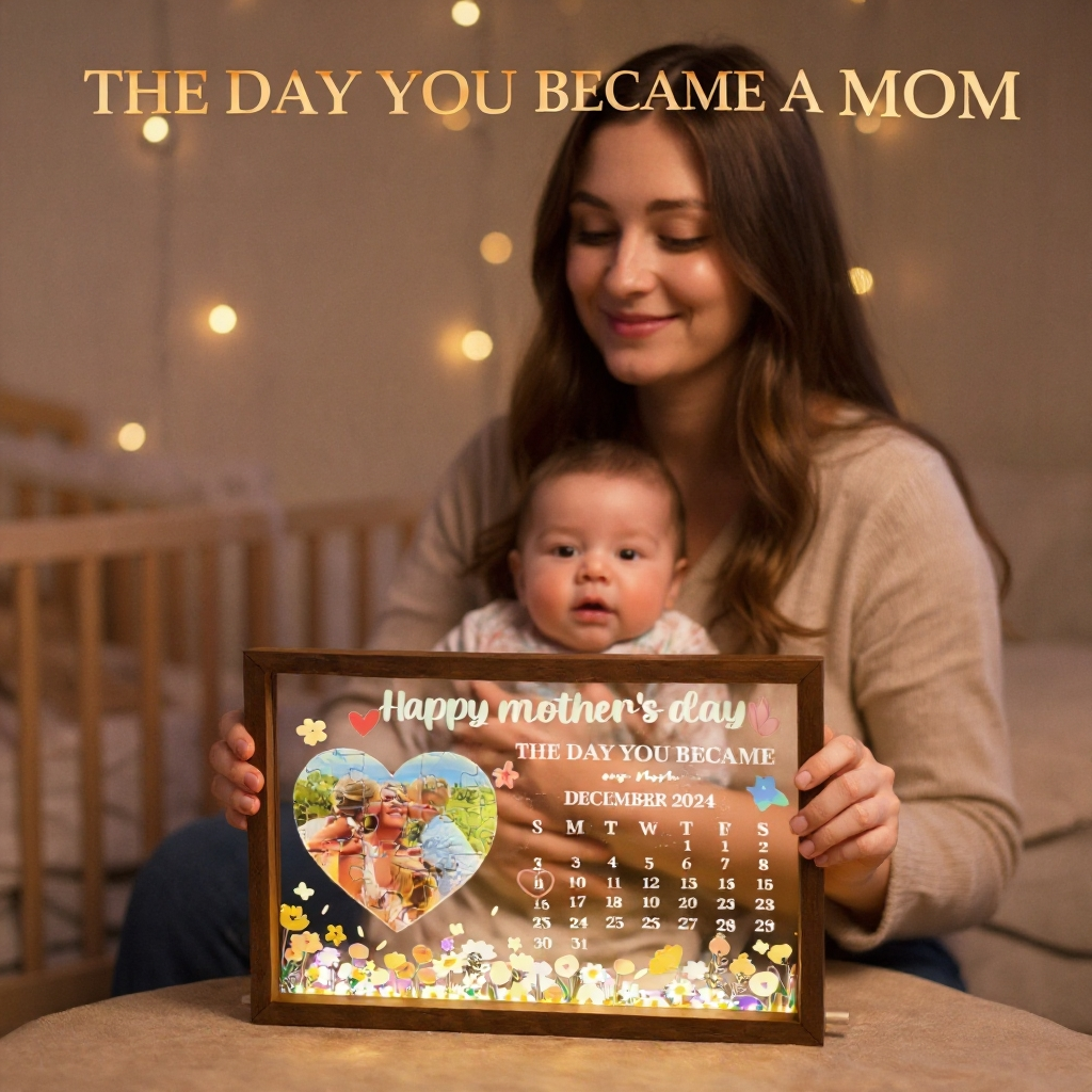 HE DAY YOU BECAME Our Mom Personalized LED Frame Light Box, Custom Photo Night Light for Mom, Mother’s Day Gift from Daughter, Birthday Keepsake Gift