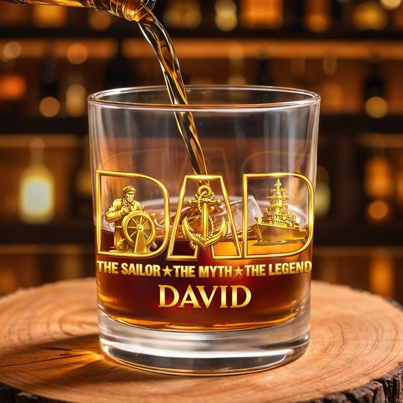 Personalized Sailor Dad Whiskey Glass 2D Flat Acrylic Block, Custom Navy Father Gift, The Sailor The Myth The Legend Name Decor
