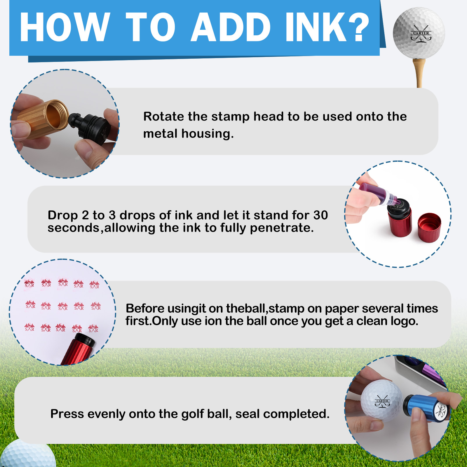 Custom Golf Ball Stamp - Double Sided Personalized 2-in-1 Marker with Name & Icon, Dual Head Reusable Ink Stamper, Water-Proof & Smudge-Free, Ideal Golf Gifts for Men, Dad, Husbands, Golfing Gear