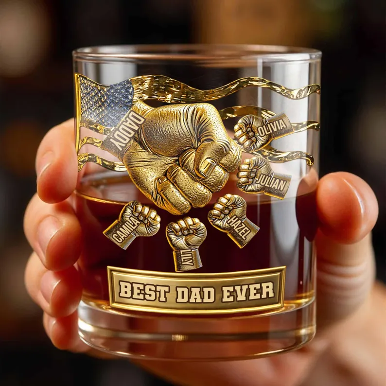 Personalized Best Dad Ever Whiskey Glass 2D Flat, Custom Dad and Kids Fist Bump Bourbon Tumbler, Father's Day Gift from Children