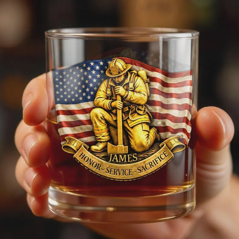 Personalized Firefighter Whiskey Glass 2D Flat, Custom Name Fireman Bourbon Tumbler, Firefighter Gift for Men, Retirement Gift
