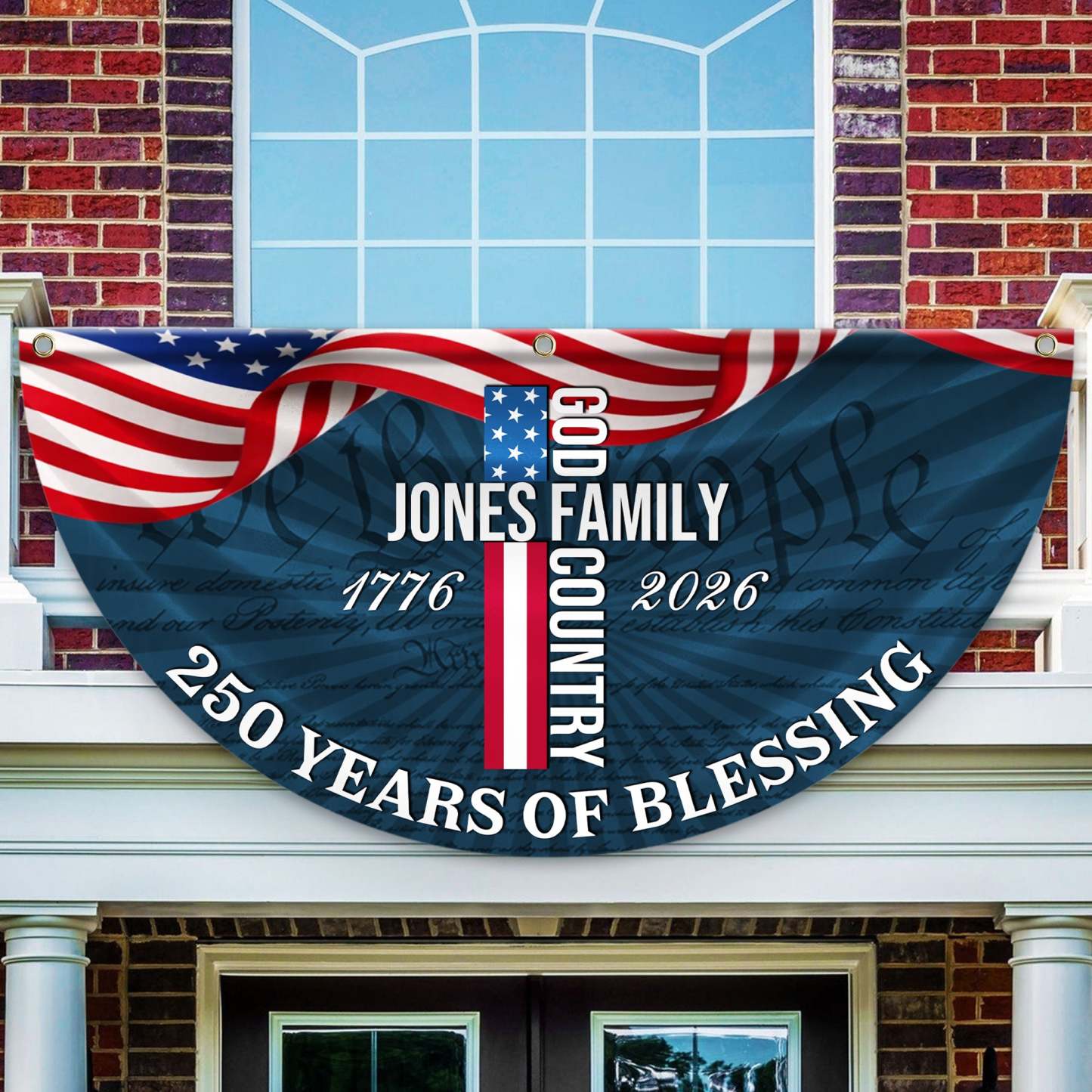 Personalized America 250th Anniversary Bunting Flag Custom Family Name Patriotic American Flag, 250 Years of Blessing God Fan Flag