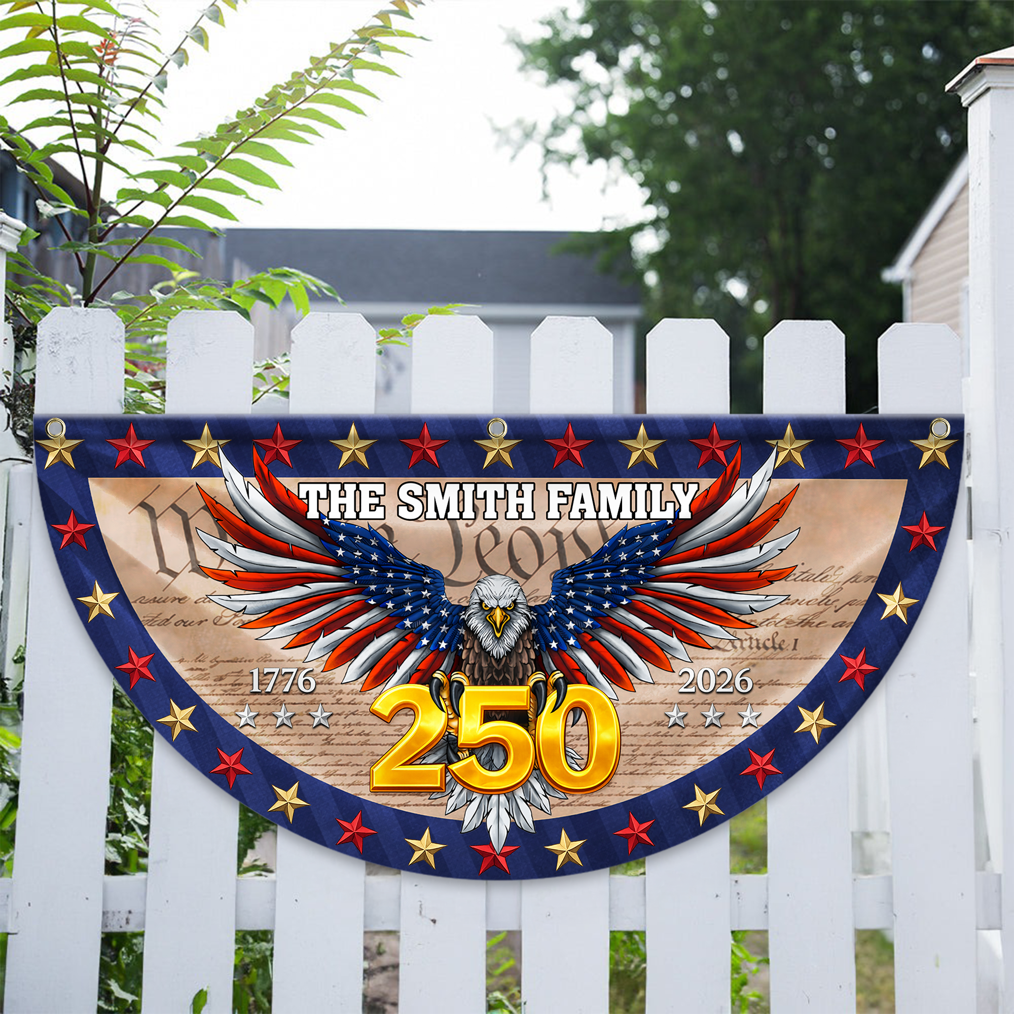 Personalized America 250th Anniversary Bunting Flag Custom Family Name American Flag - We The People Patriotic Eagle Non-Pleated Fan Flag